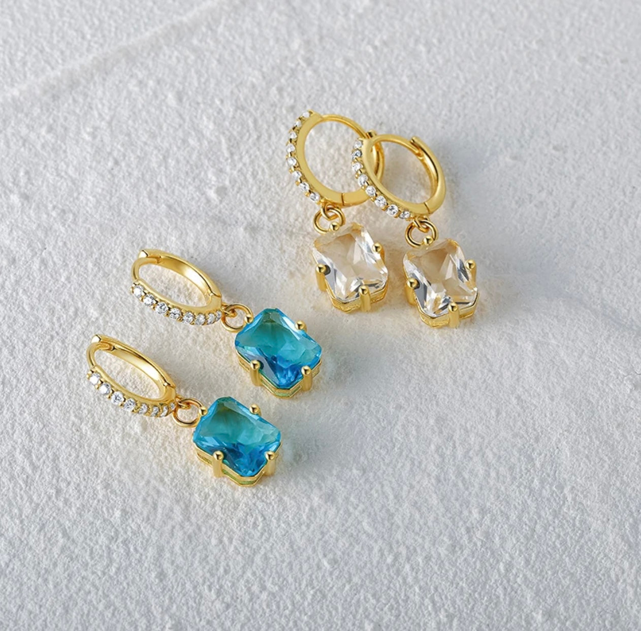 14k Gold Plated 925 Silver, Huggie Blue Zirconia Drop Earring