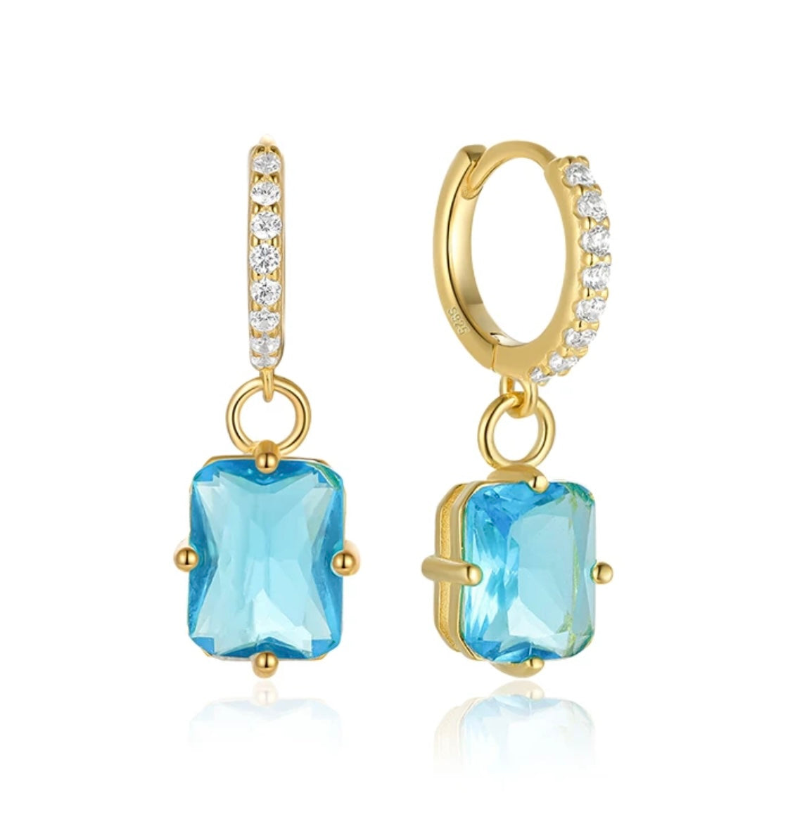 14k Gold Plated 925 Silver, Huggie Blue Zirconia Drop Earring