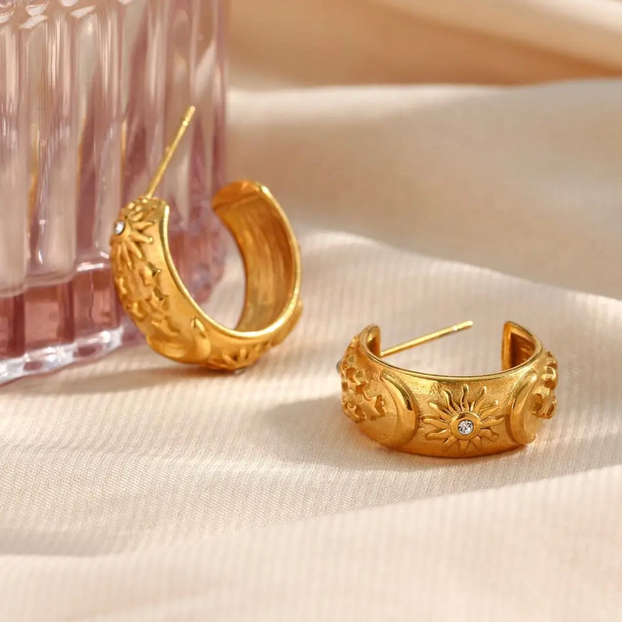 Moon Sun Star Chunky Hoop Earring - 18k Gold Plated