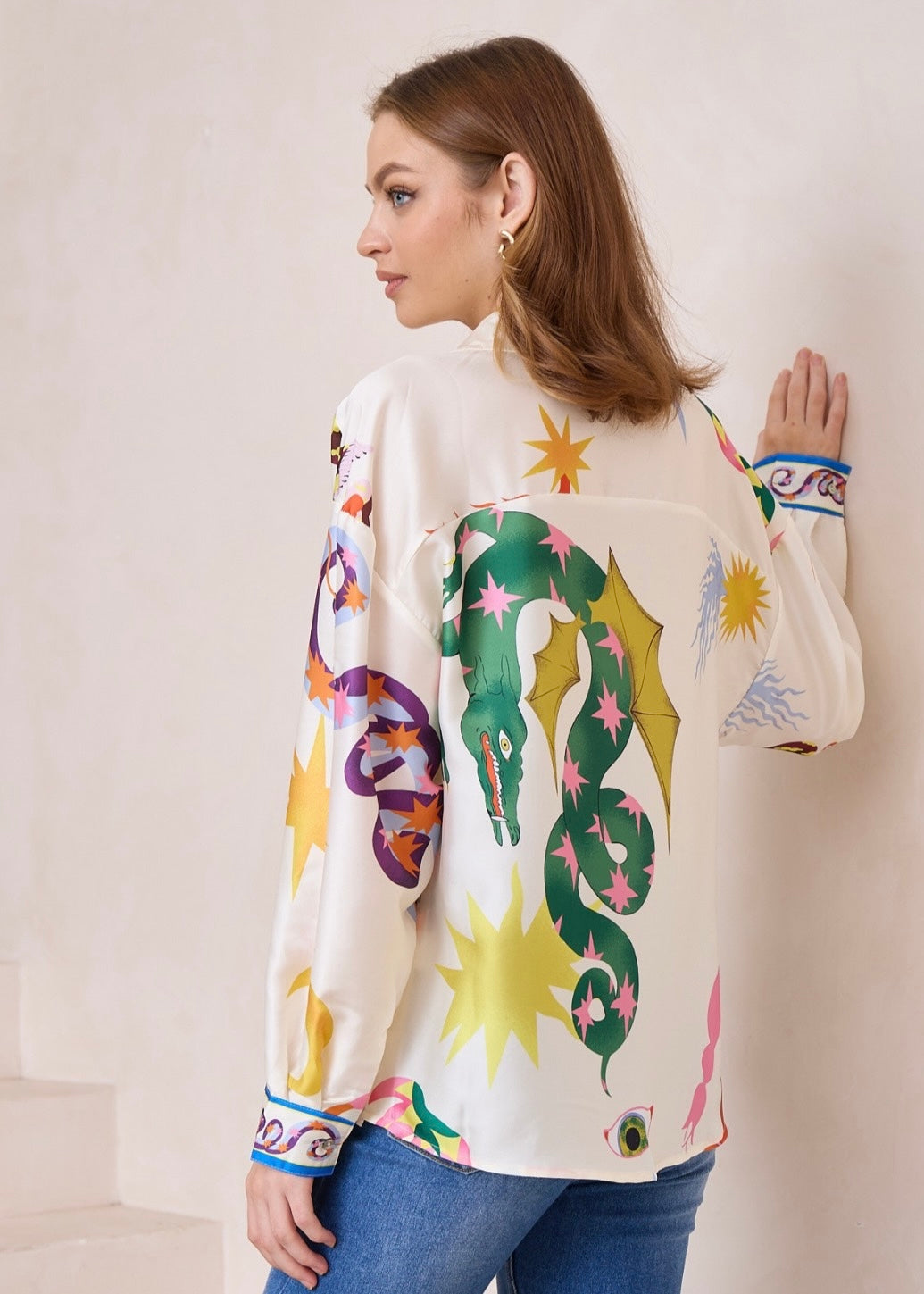 White Print Roll up sleeve