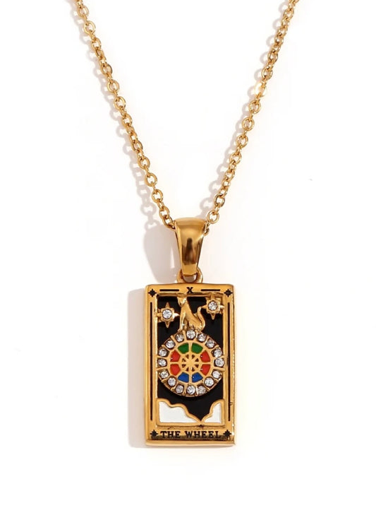 18k Gold Plated Tarot Card Necklace - The Wheel