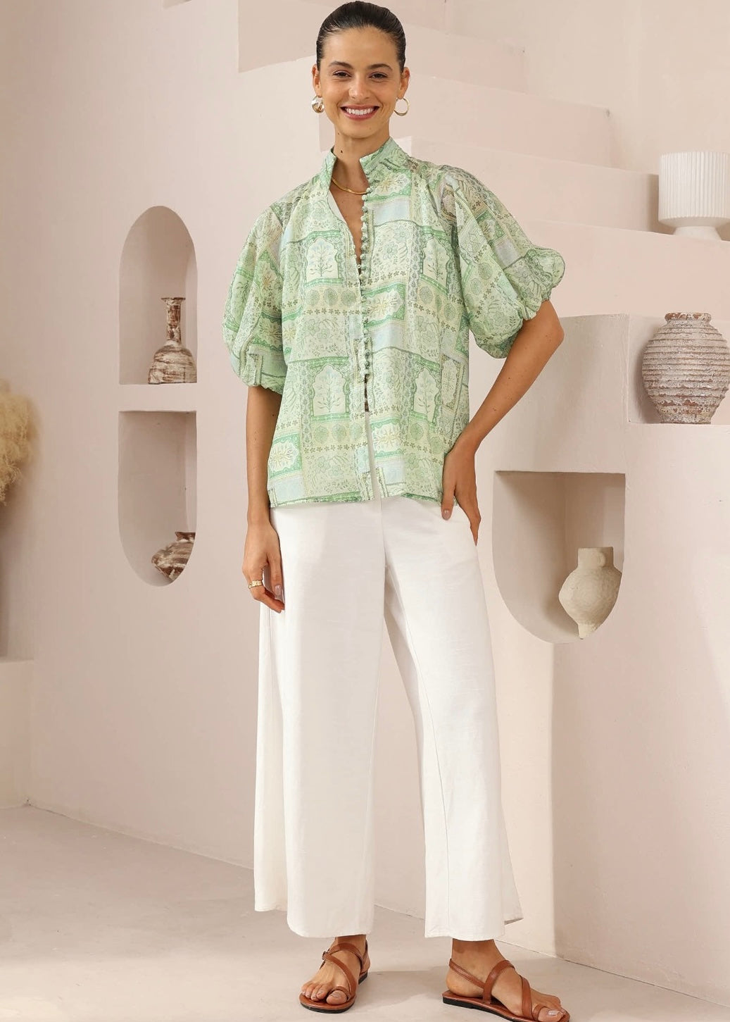 Shorts Sleeve Top | Green Print