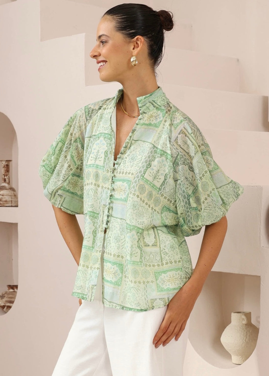 Shorts Sleeve Top | Green Print