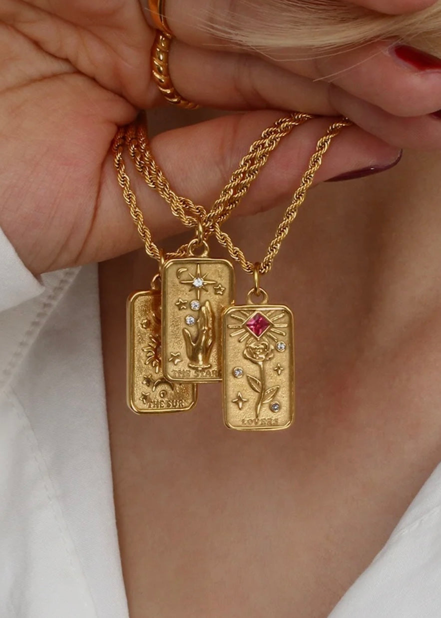 Zircon & 18K Gold Plated Tarot Card Necklace - Sun