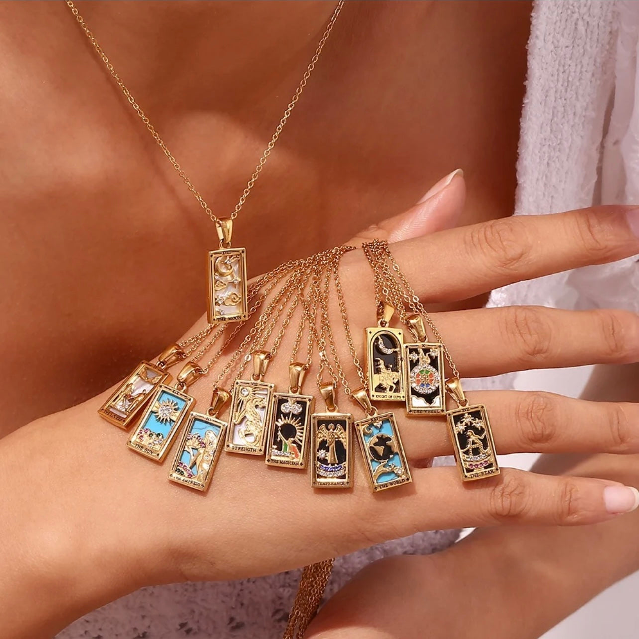 Rhodium Plated Tarot Card Necklace - The Wheel