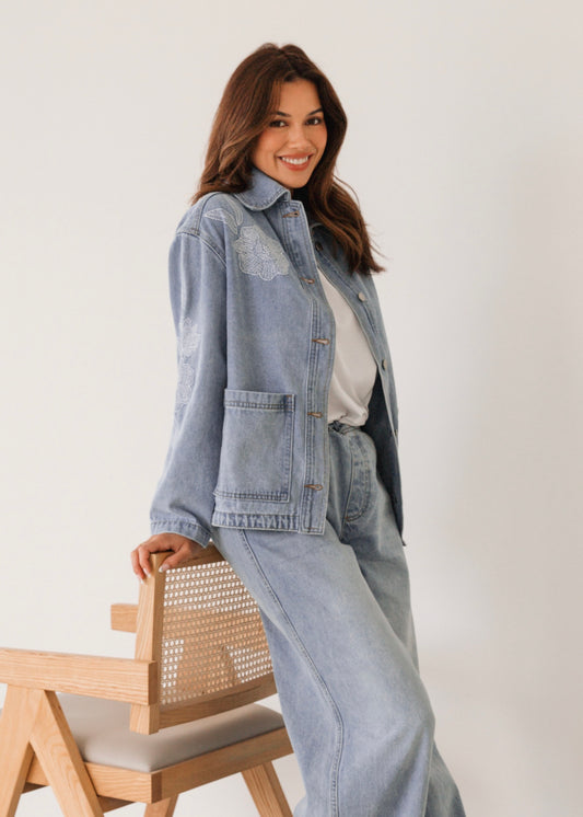 Ash Embroidered Denim Jacket | Light Wash
