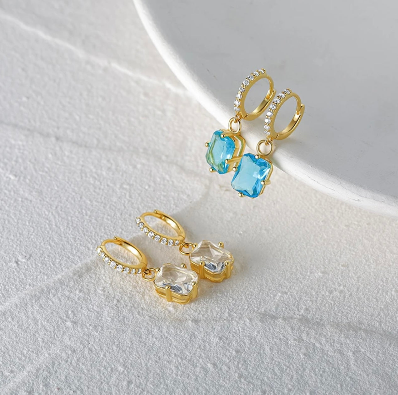 14k Gold Plated 925 Silver, Huggie Blue Zirconia Drop Earring