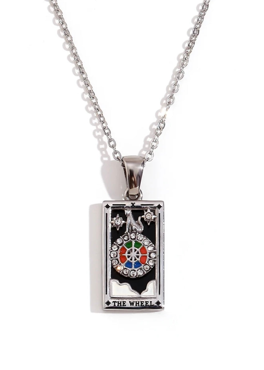 Rhodium Plated Tarot Card Necklace - The Wheel