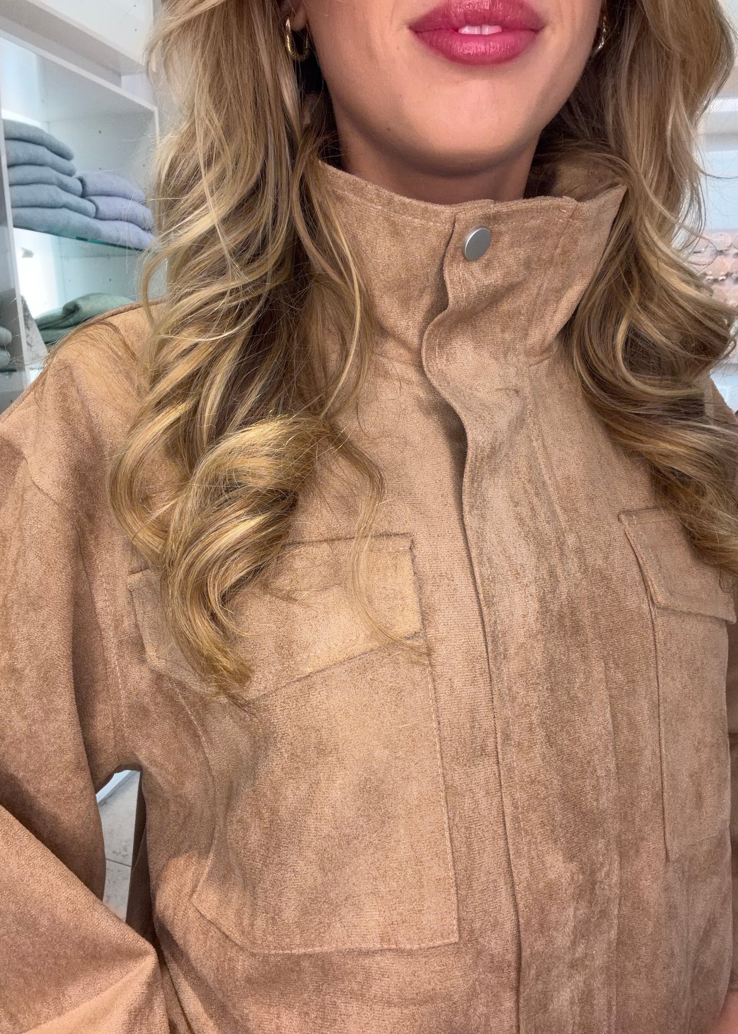 Funnel Neck Faux Suede Jacket| Beige
