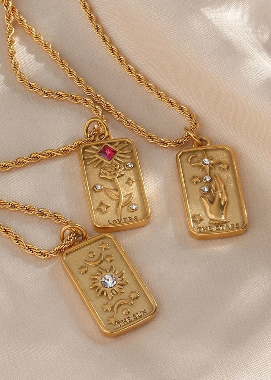 Zircon & 18K Gold Plated Tarot Card Necklace - Sun