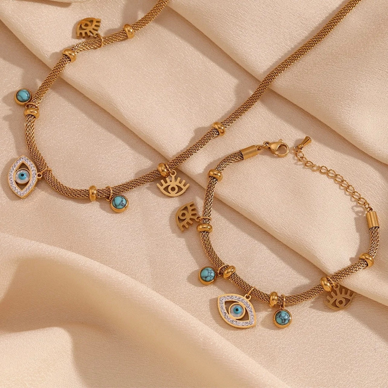 18k Gold Plated Evil Eye and Turquoise Charm Bracelet