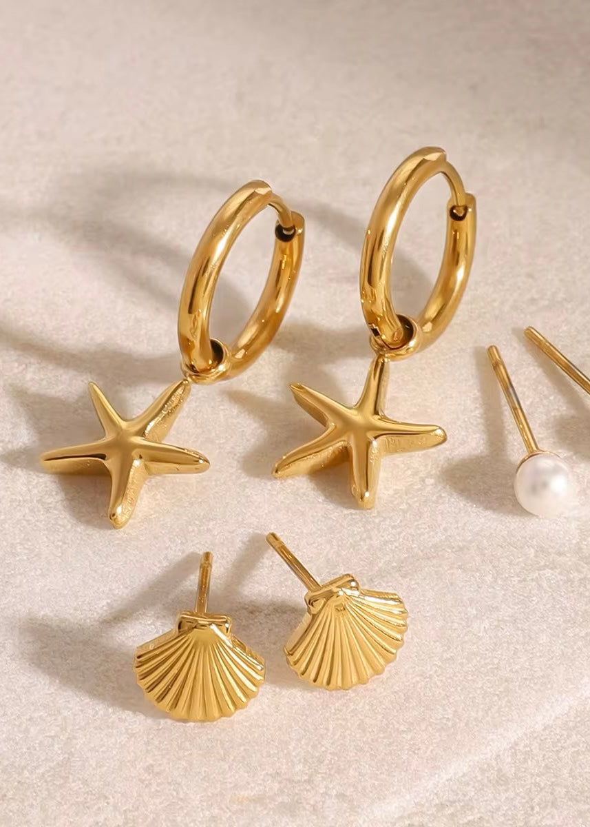 Starfish Shell Gold Hoop Earring Set
