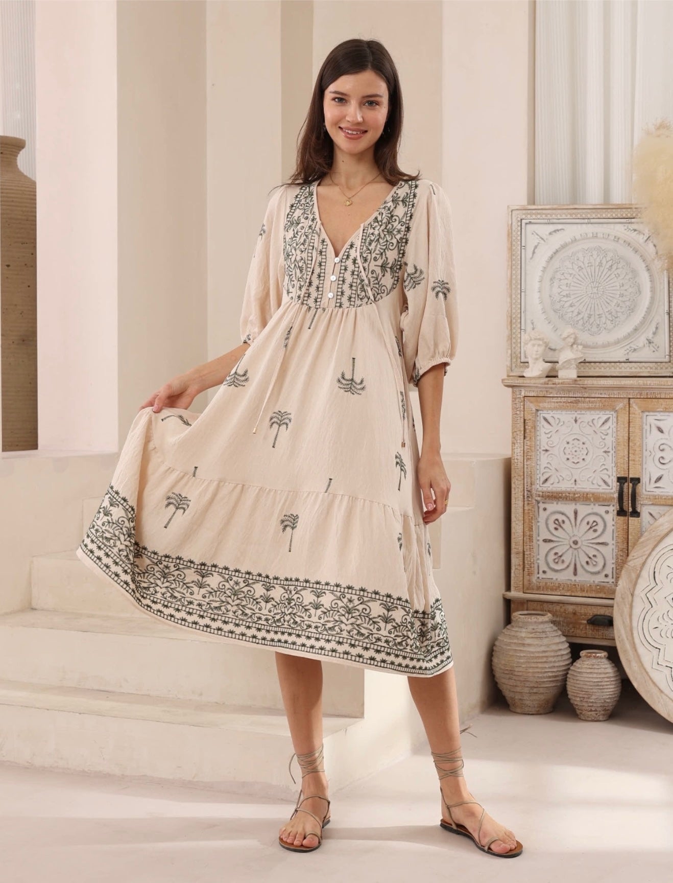 Embroidered Palm Midi