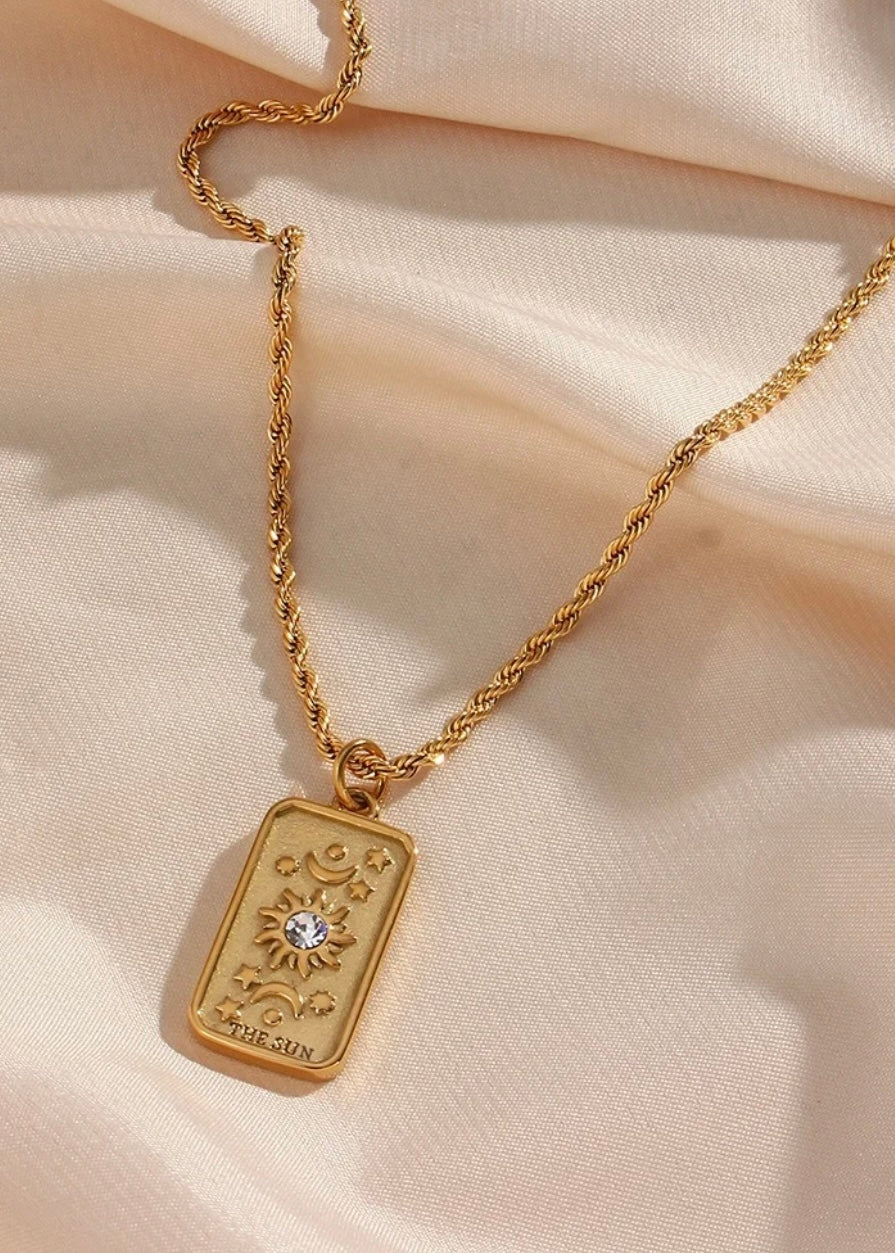 Zircon & 18K Gold Plated Tarot Card Necklace - Sun