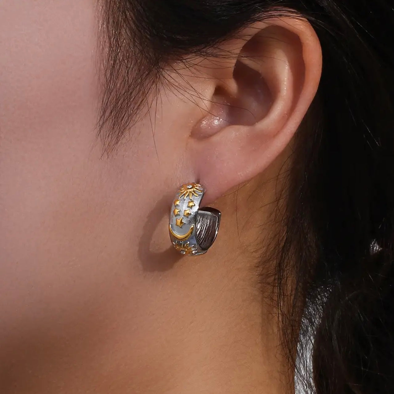 Moon Sun Star Chunky Hoop Earring - Silver