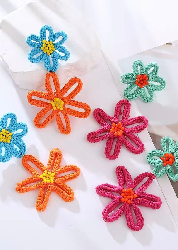 Hand Woven Flower Earring | Green/Pink