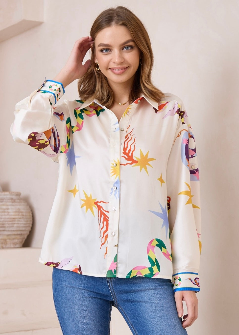 White Print Roll up sleeve