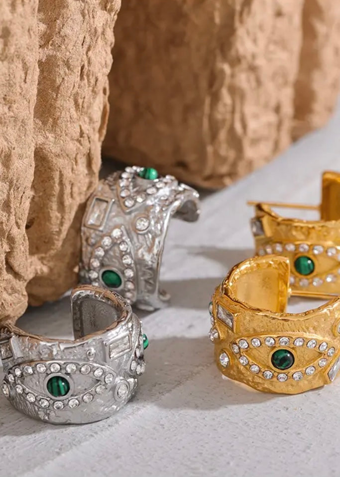 Green Eye Gold Huggie Earring