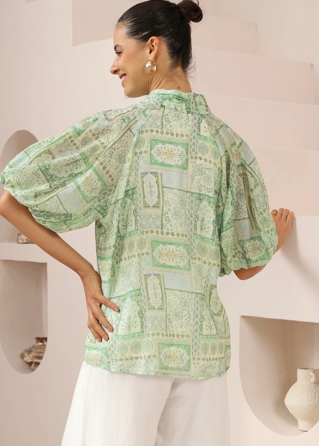 Shorts Sleeve Top | Green Print