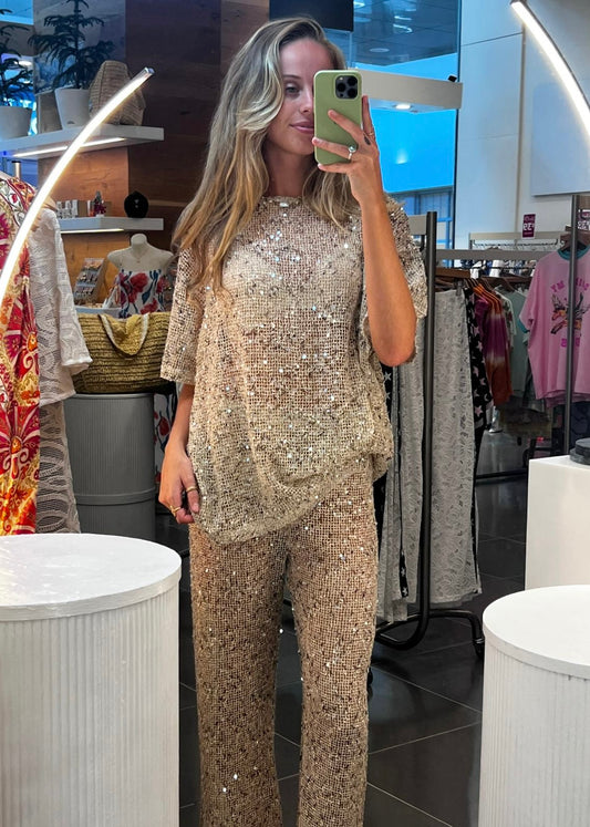 Oversized Sequin Knit Tee | Beige