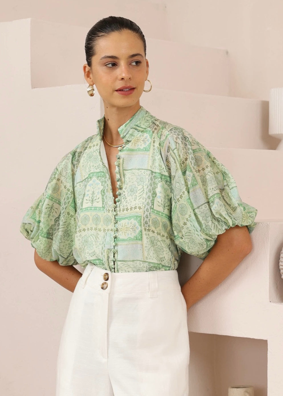 Shorts Sleeve Top | Green Print