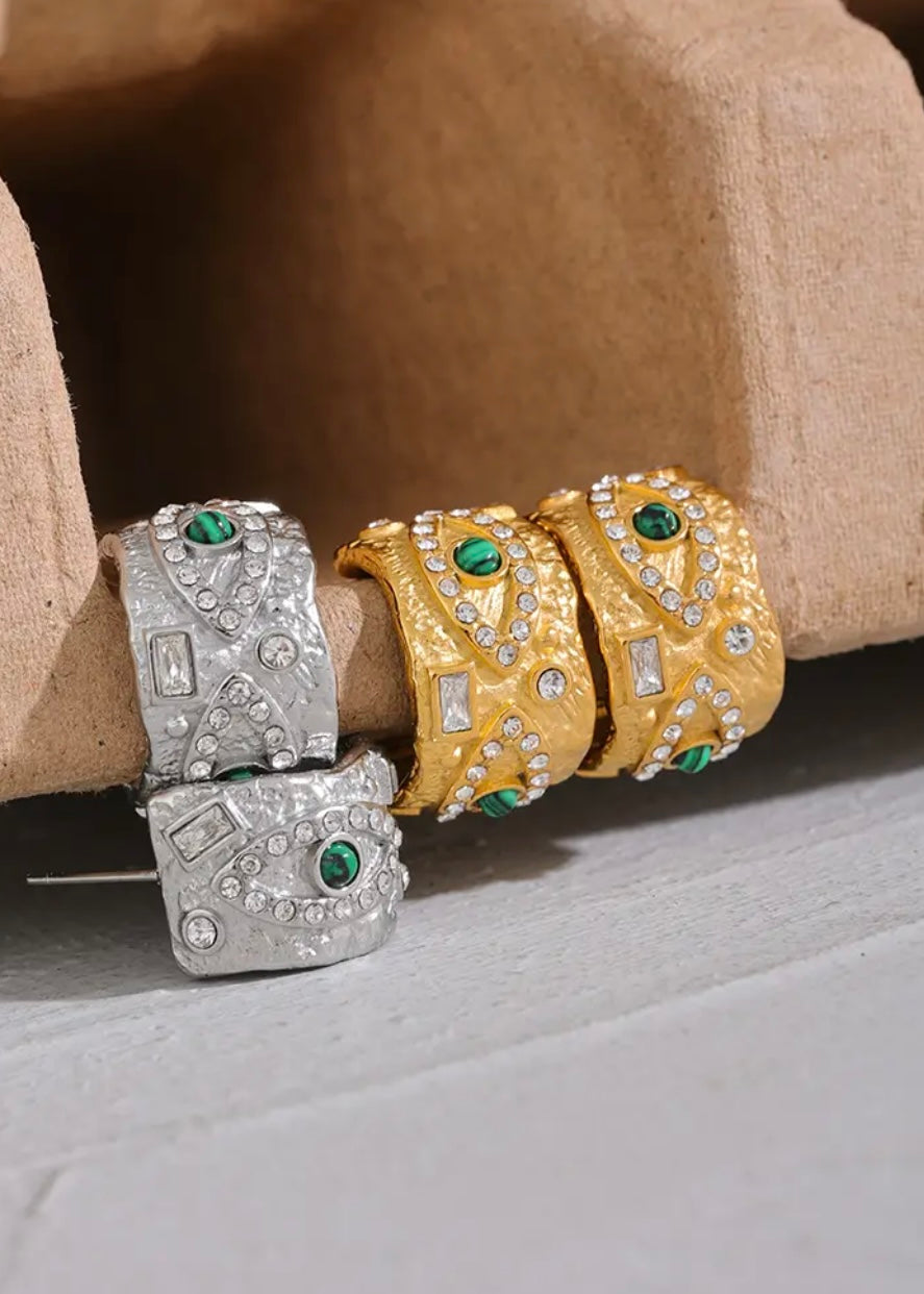 Green Eye Silver Huggie Earring