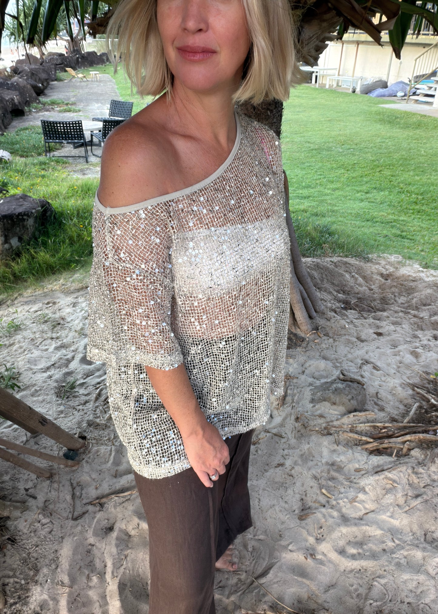 Off Shoulder Tassle Sequin Tee | Beige