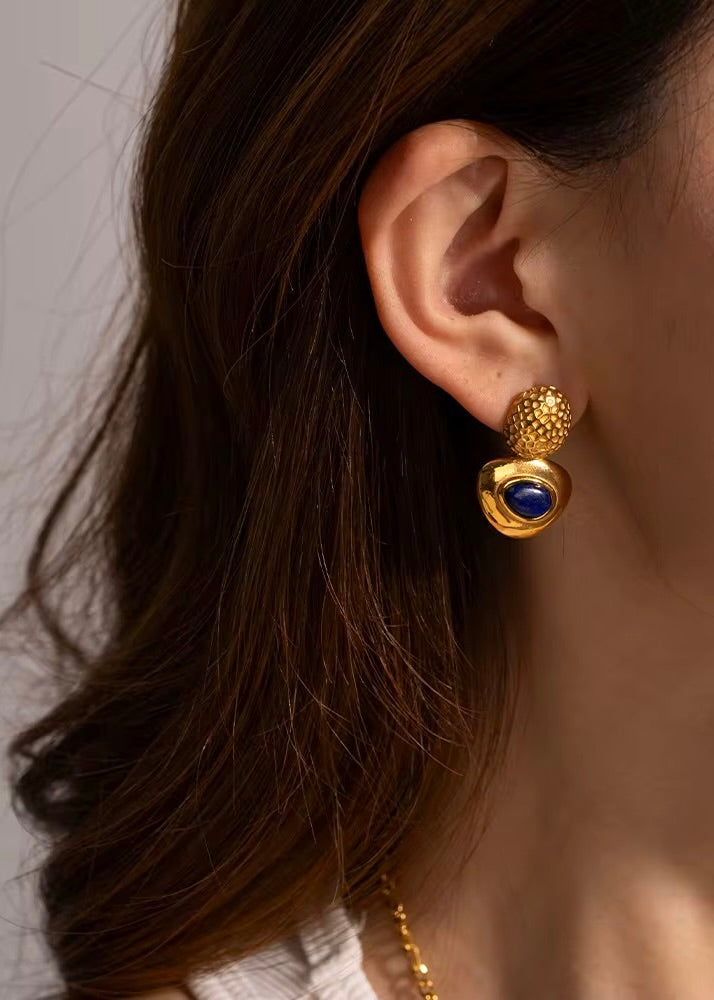 Hammered Gold and Lapis Stone Earring