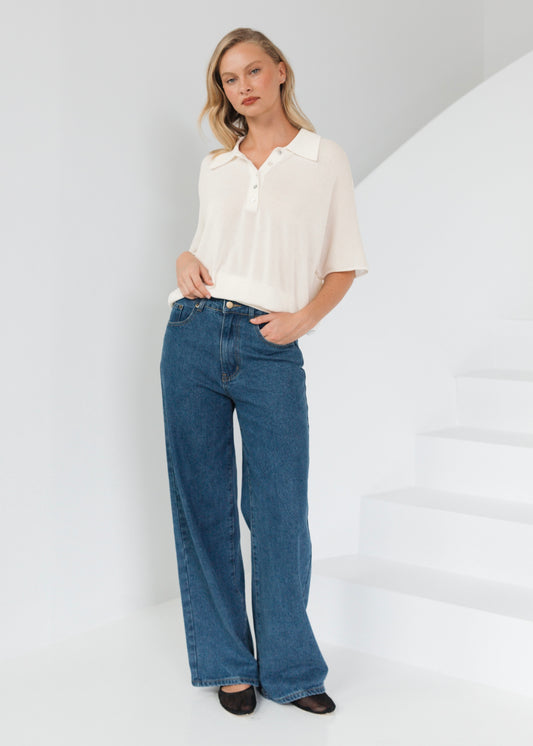 Oversized Sheer Knit Polo Top | Cream