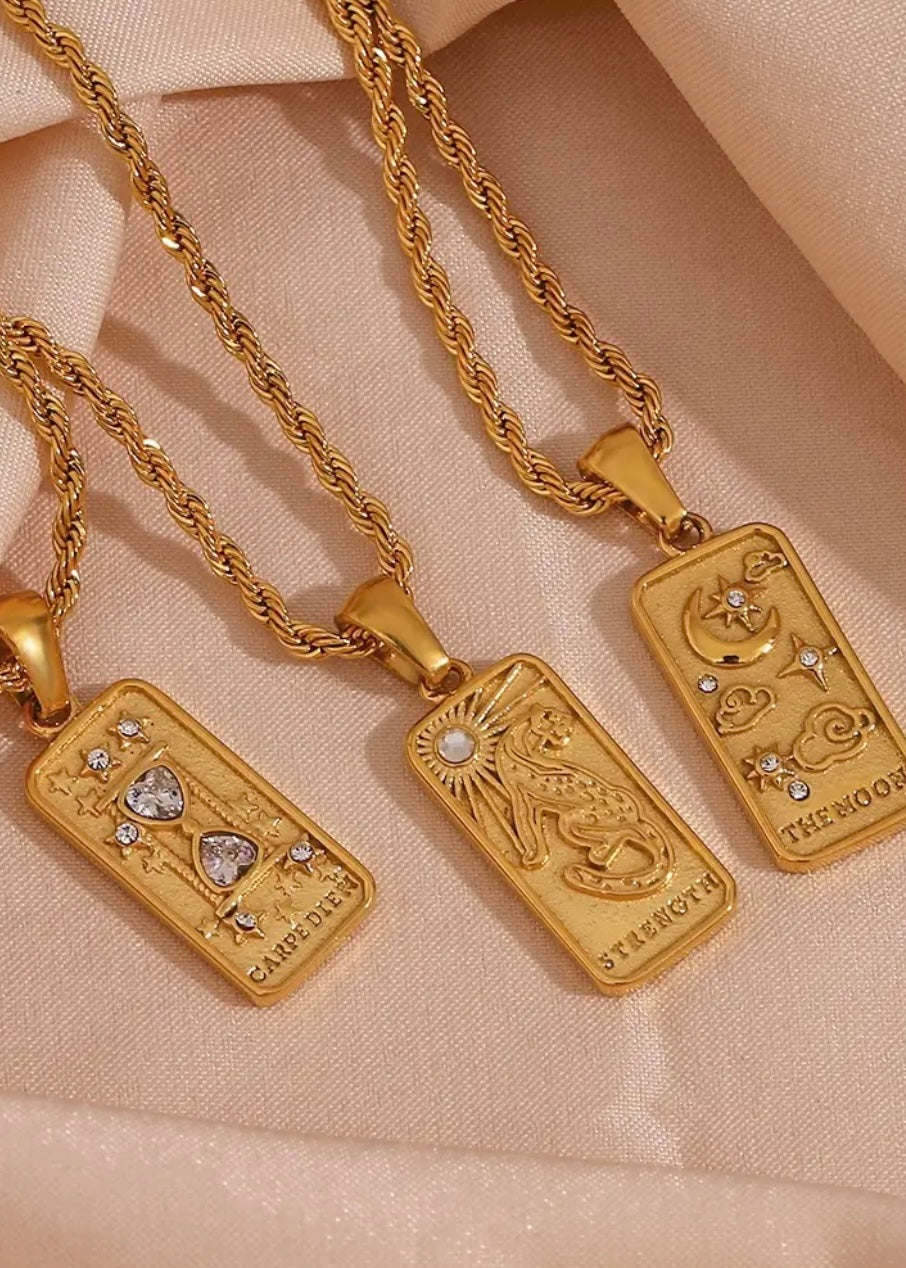 Strength - Zircon & 18K Gold Plated Tarot Card Necklace