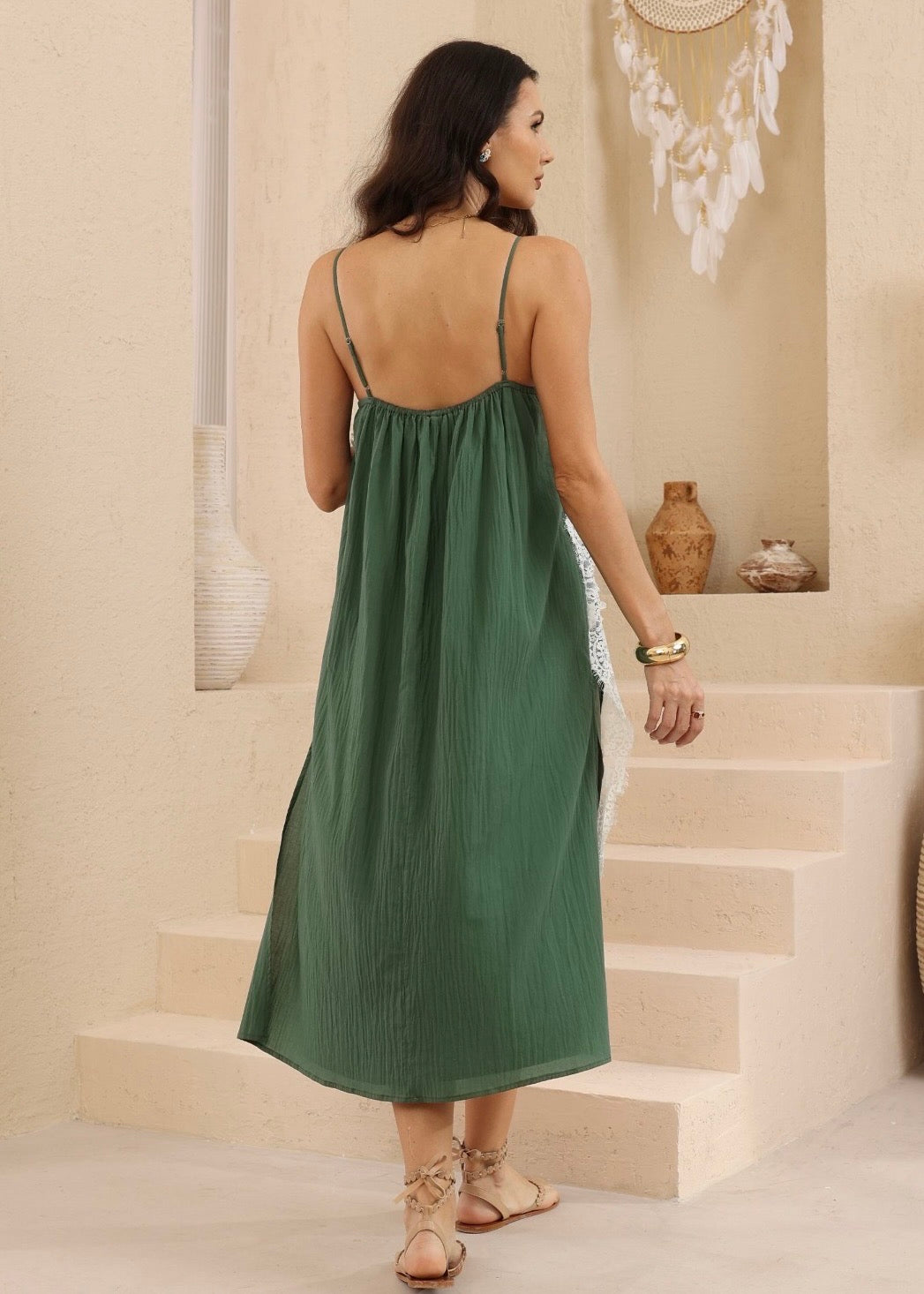 Lace Detail Maxi Dress - Green & White