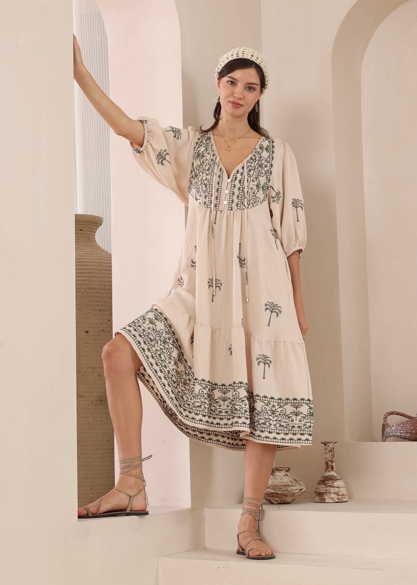 Embroidered Palm Midi