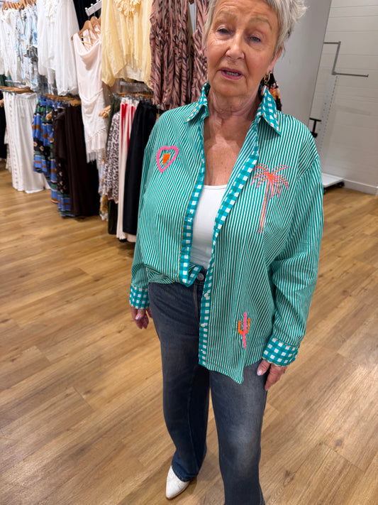 Palm Embroidered Shirt | Green Pink
