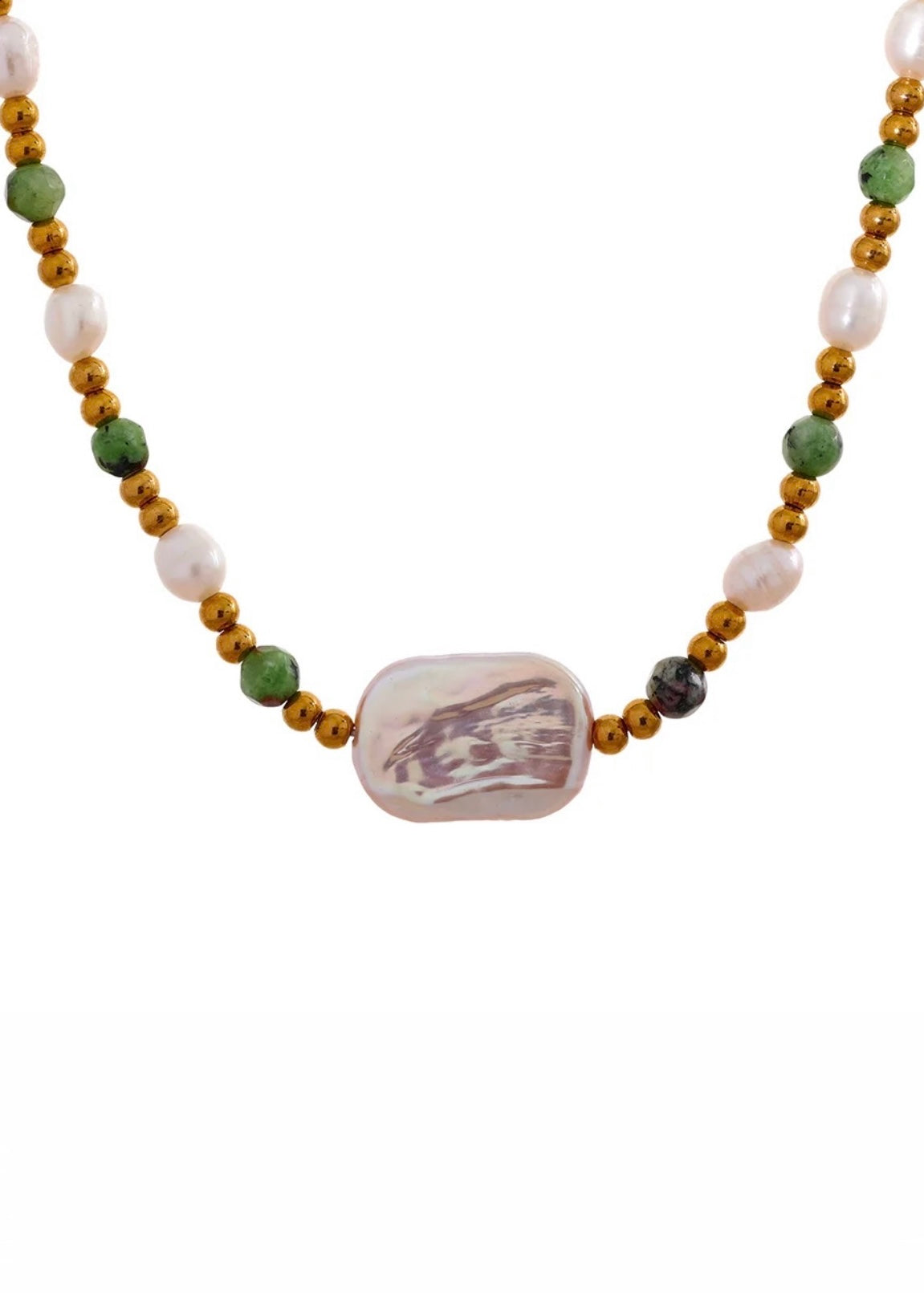 Euro Summer - Feature Pearl and Green Stone Necklace