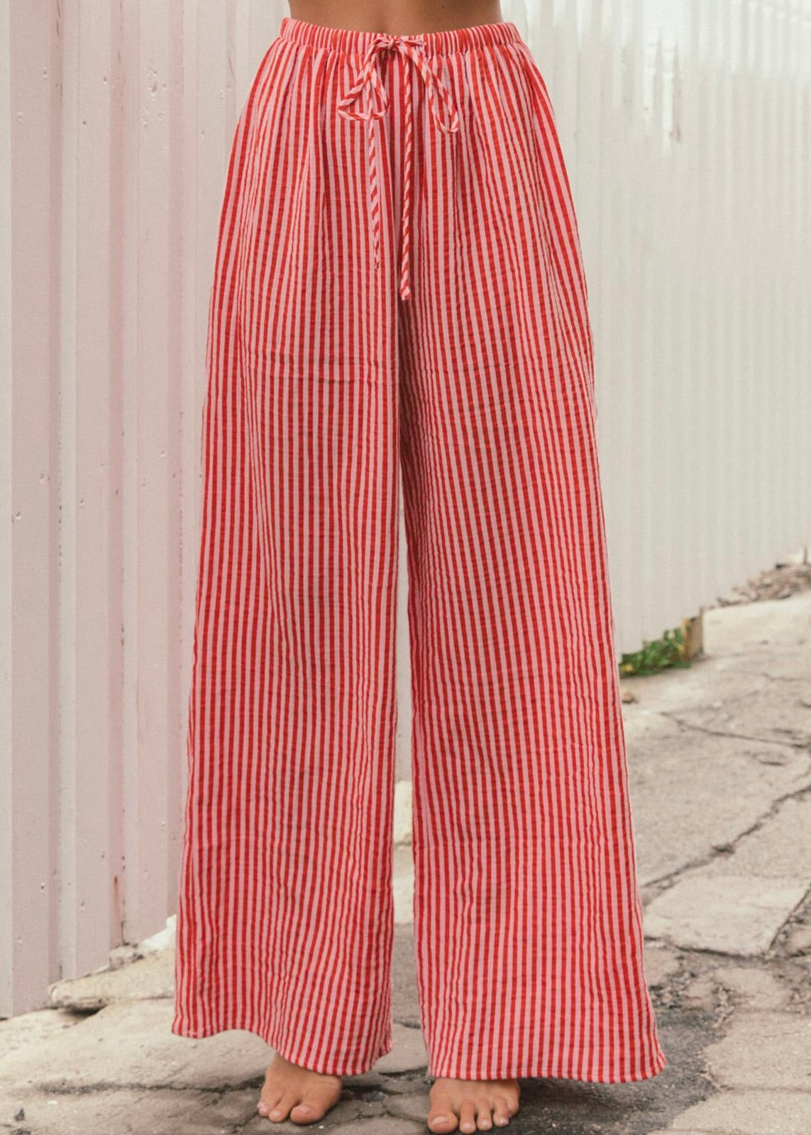 Long Crinkle Pants | Pink/Red Stripe