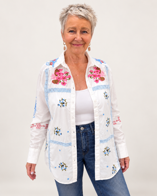 Floral Love Embroidered Shirt | White Blue