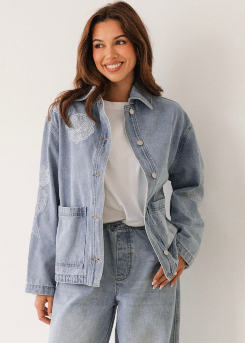 Ash Embroidered Denim Jacket | Light Wash