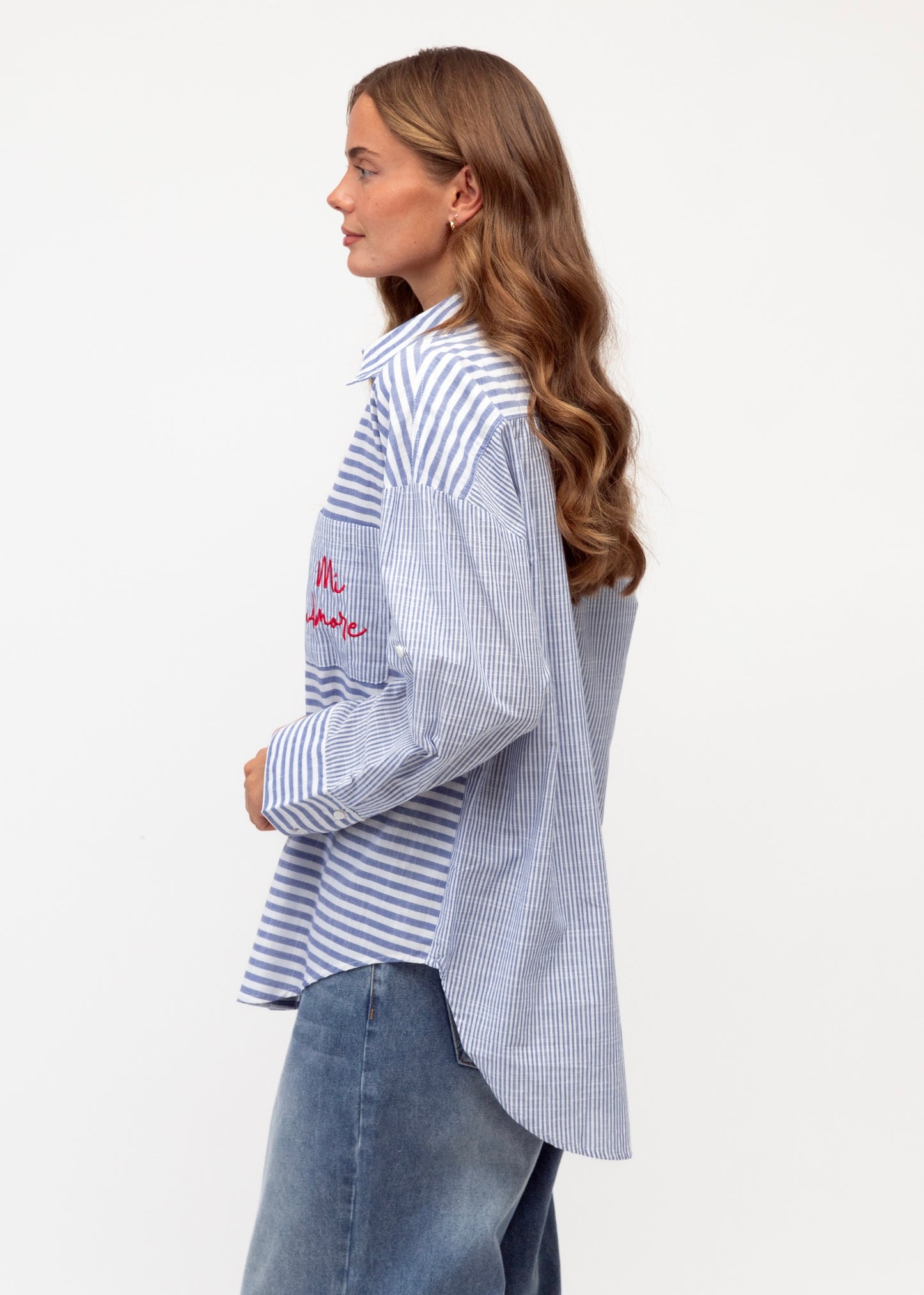 Mi Amore Embroidered Shirt | Blue Stripe