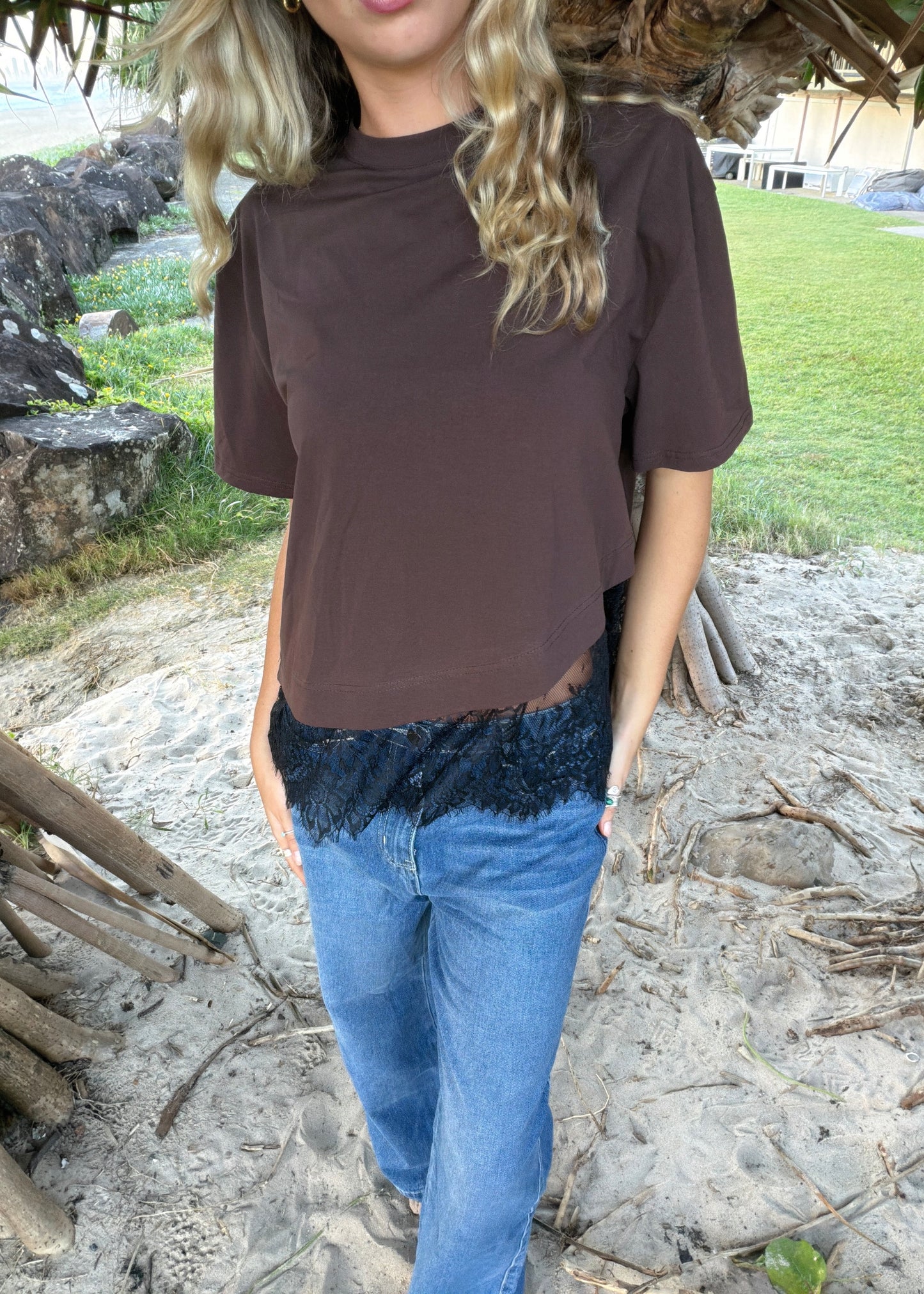 Asym Lace Tee | Choc Black