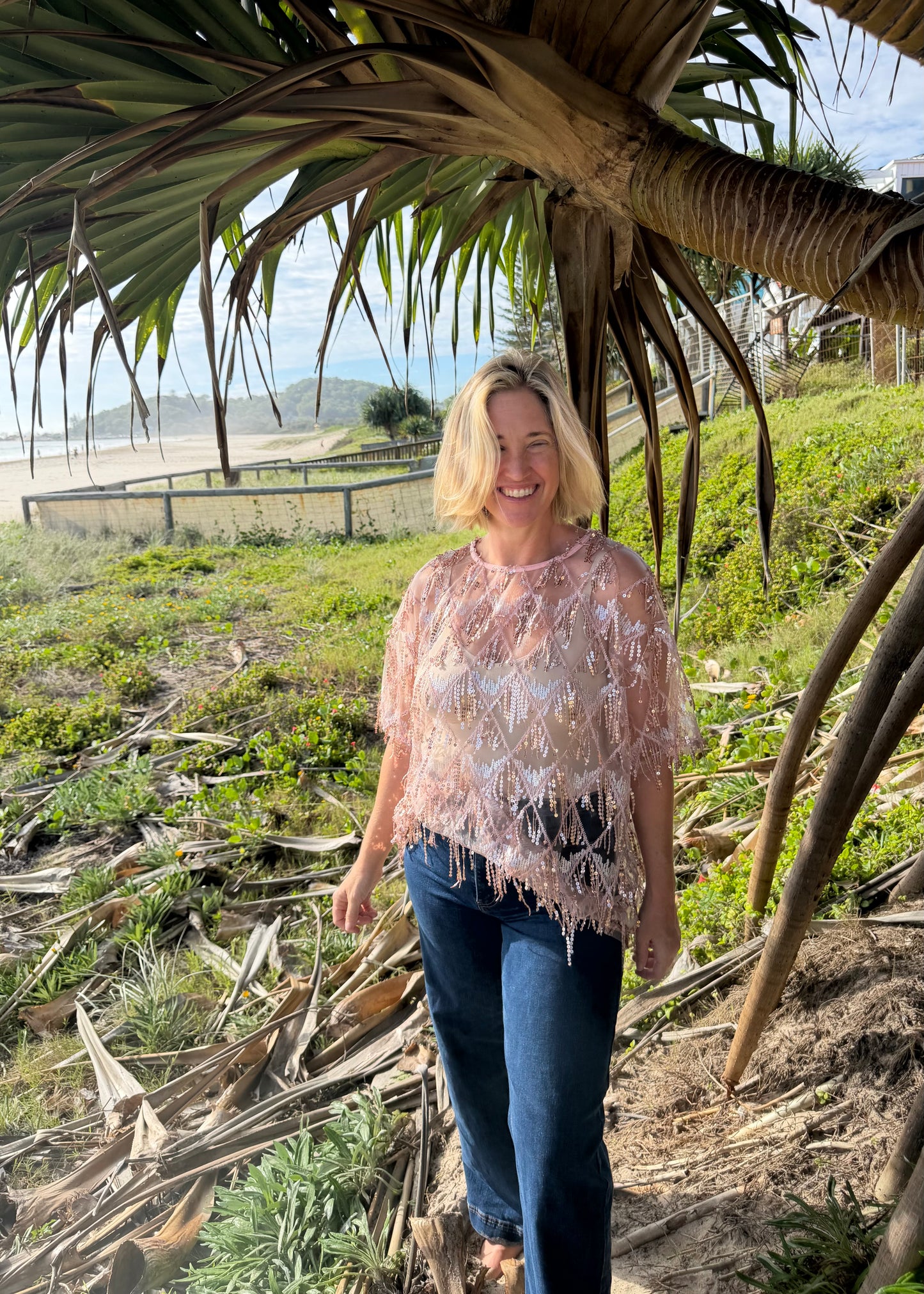 Oversized Tassle Sequin Tee| Pink