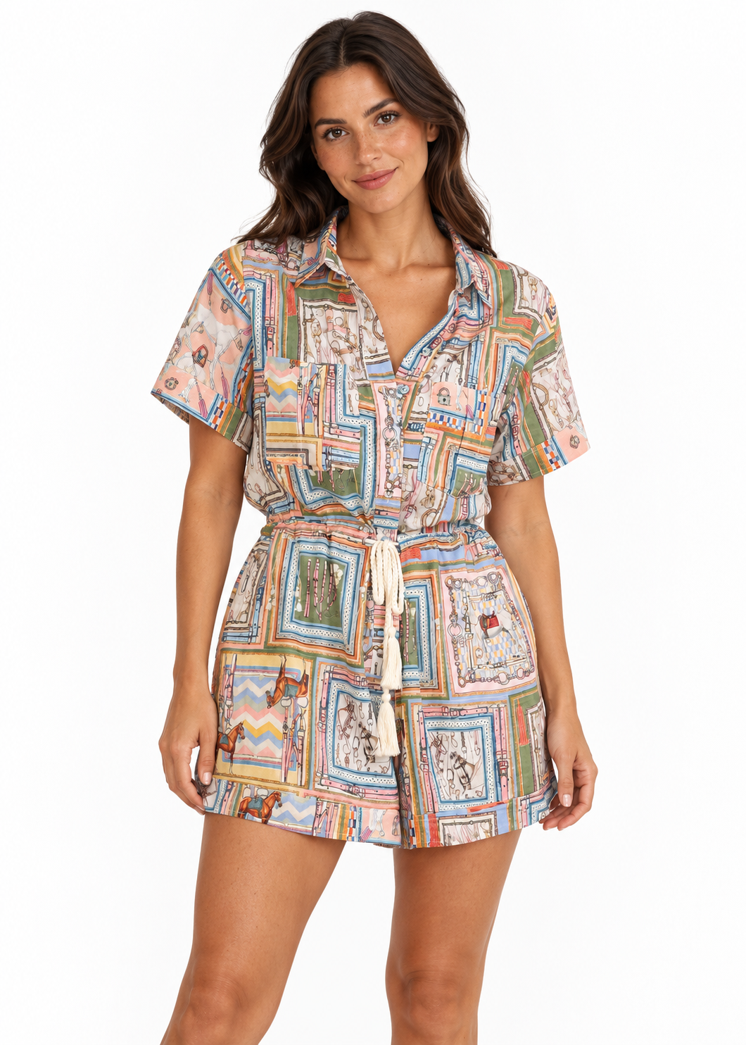 Vienna Drawstring Shirt Playsuit – Equestrian Print