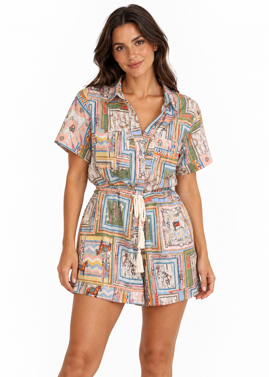 Vienna Drawstring Shirt Playsuit – Equestrian Print