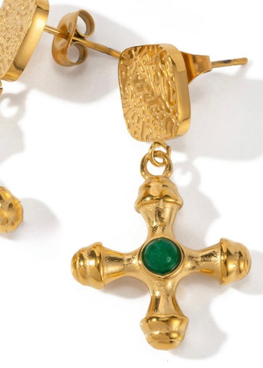Green Agate Pendant Cross Earring non Tarnish 18k Gold plated