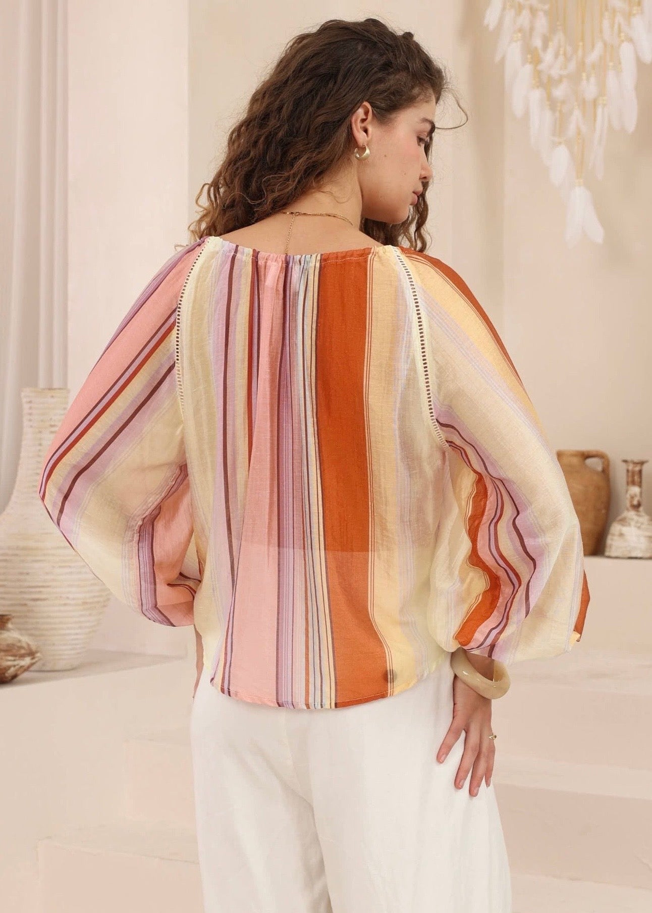 Retro Love Off shoulder Top | Multi Orange Stripe