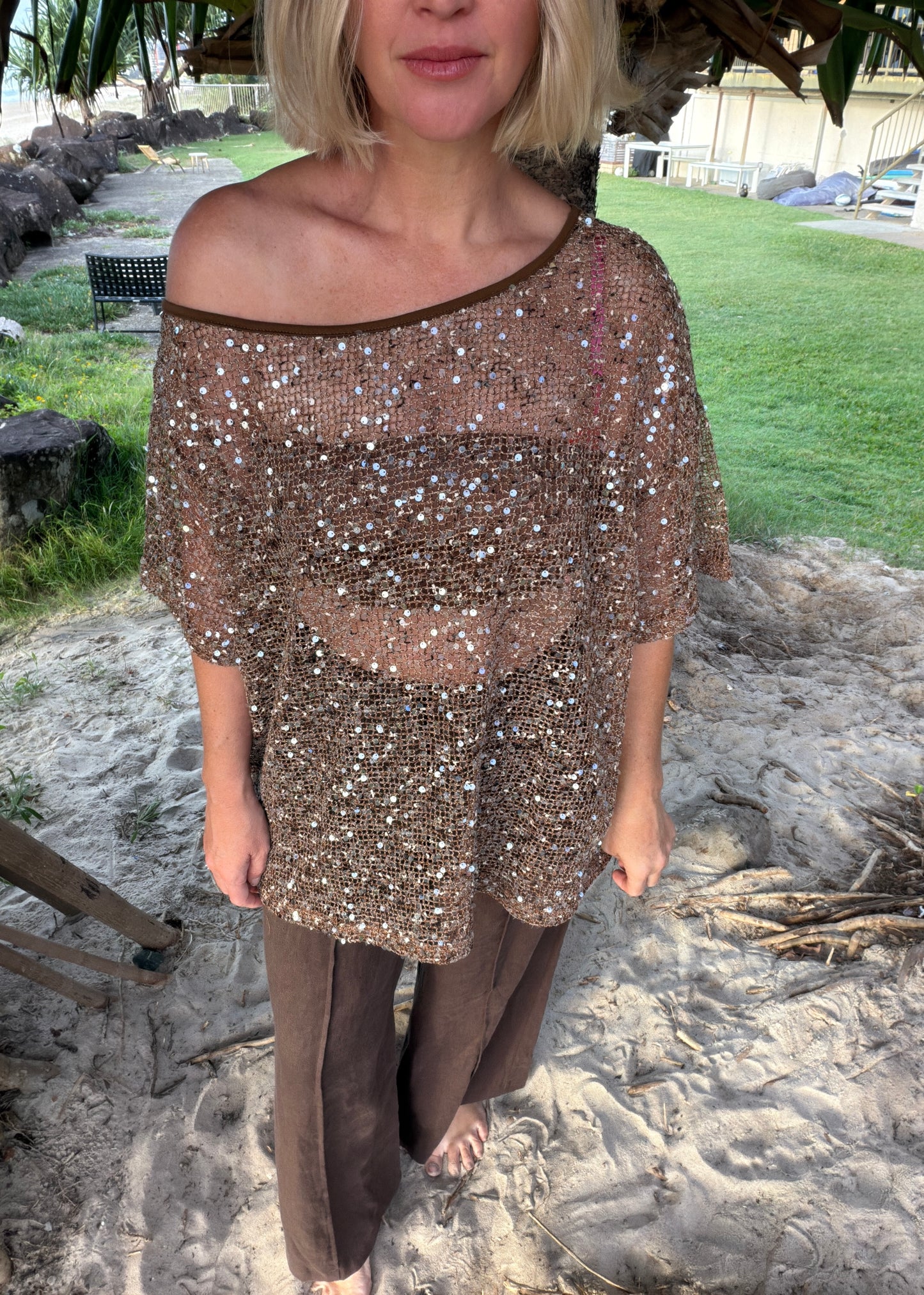 Off Shoulder Tassle Sequin Tee | Mocha