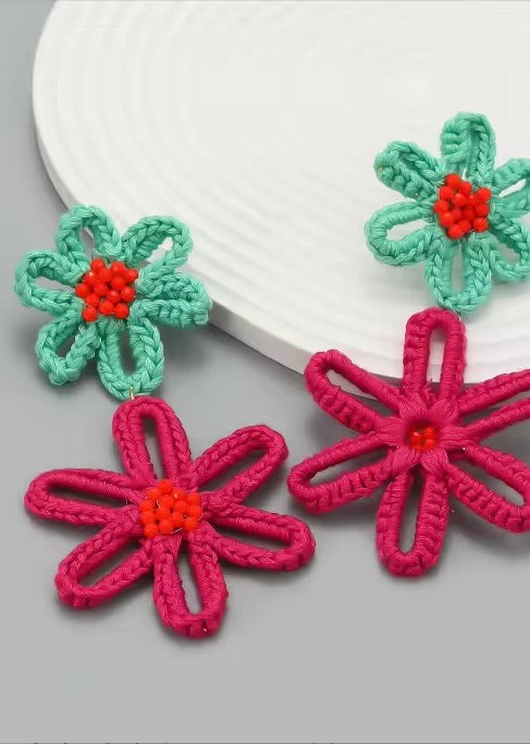 Hand Woven Flower Earring | Green/Pink
