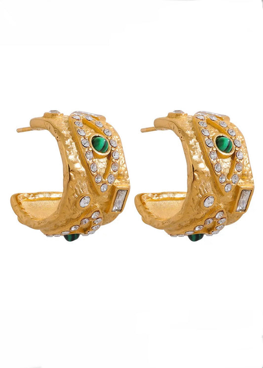 Green Eye Gold Huggie Earring