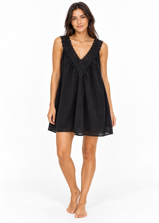Crochet Lace V-Neck Swing Mini Dress | Black