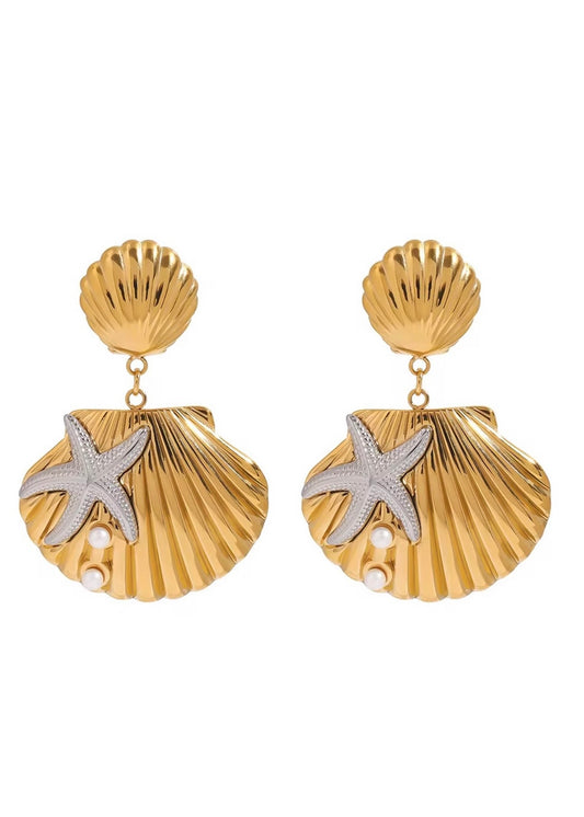 Gold Silver Scallop and Starfish Earring