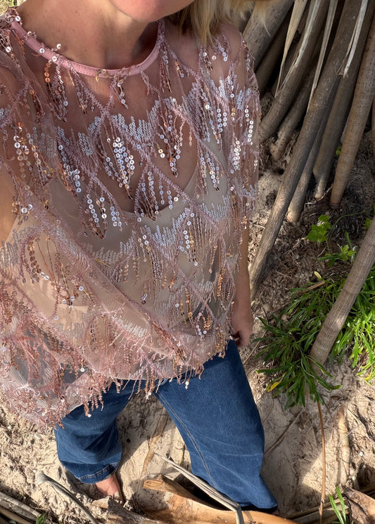 Oversized Tassle Sequin Tee| Pink